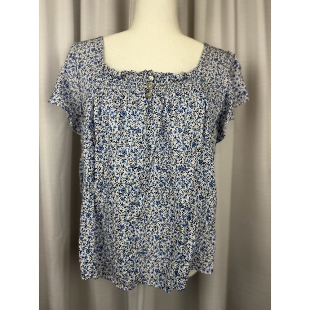 Draper James RSVP Large Flutter Sleeve Floral Print Smocked Top Blue Womens